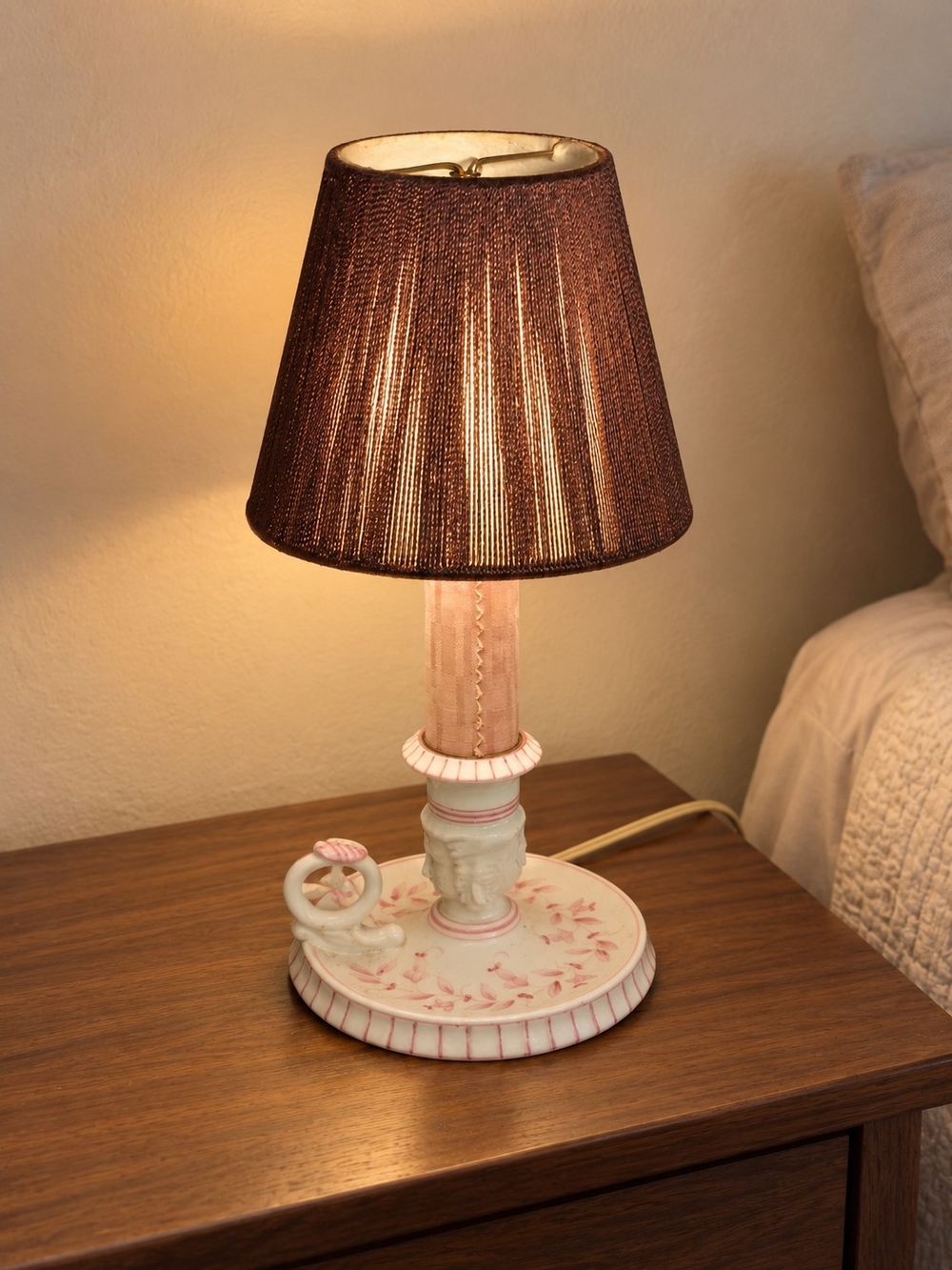 Pink Floral Ceramic Table Lamp with Brown Shade